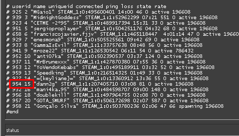 The output of the status command in CSGO, needed to kick yourself from the game